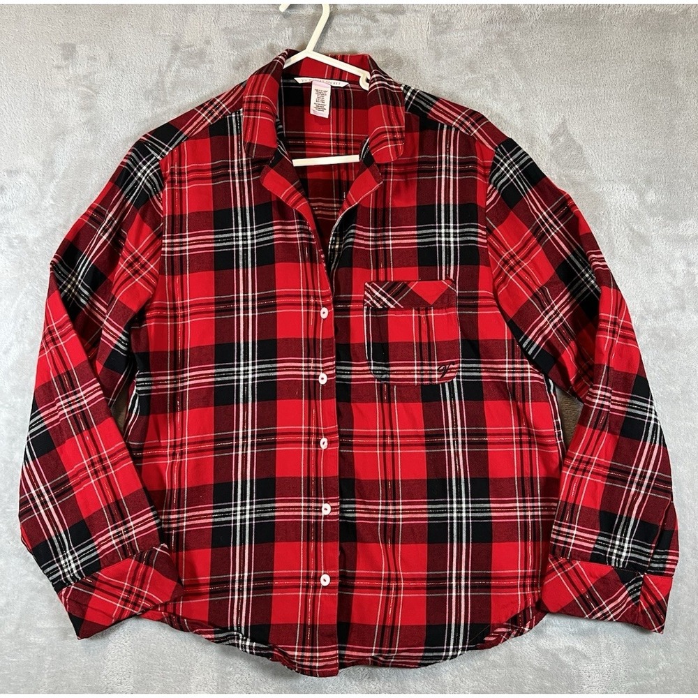 Victoria's Secret Plaid PJ Top Women's Sz XS Button Up Red Black Shirt Christmas